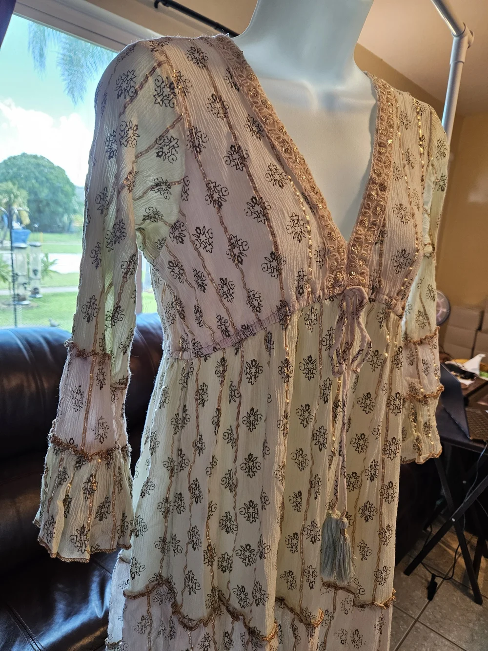 Ananta Boho Tiered Floral V-Neck Dress in Cream and Blush